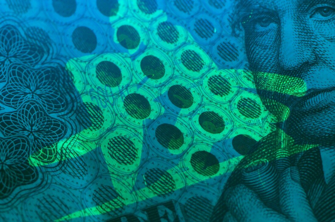 Danish banknote in UV light