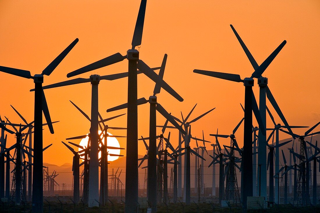 Wind turbines at sunset