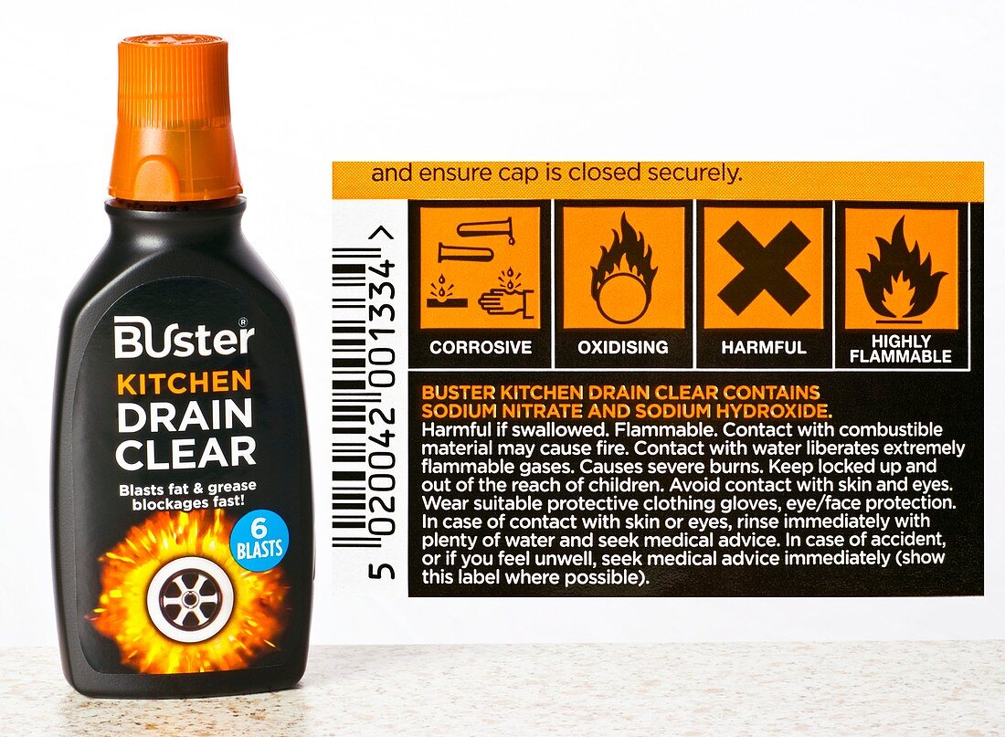 Drain cleaner with hazard warning notices