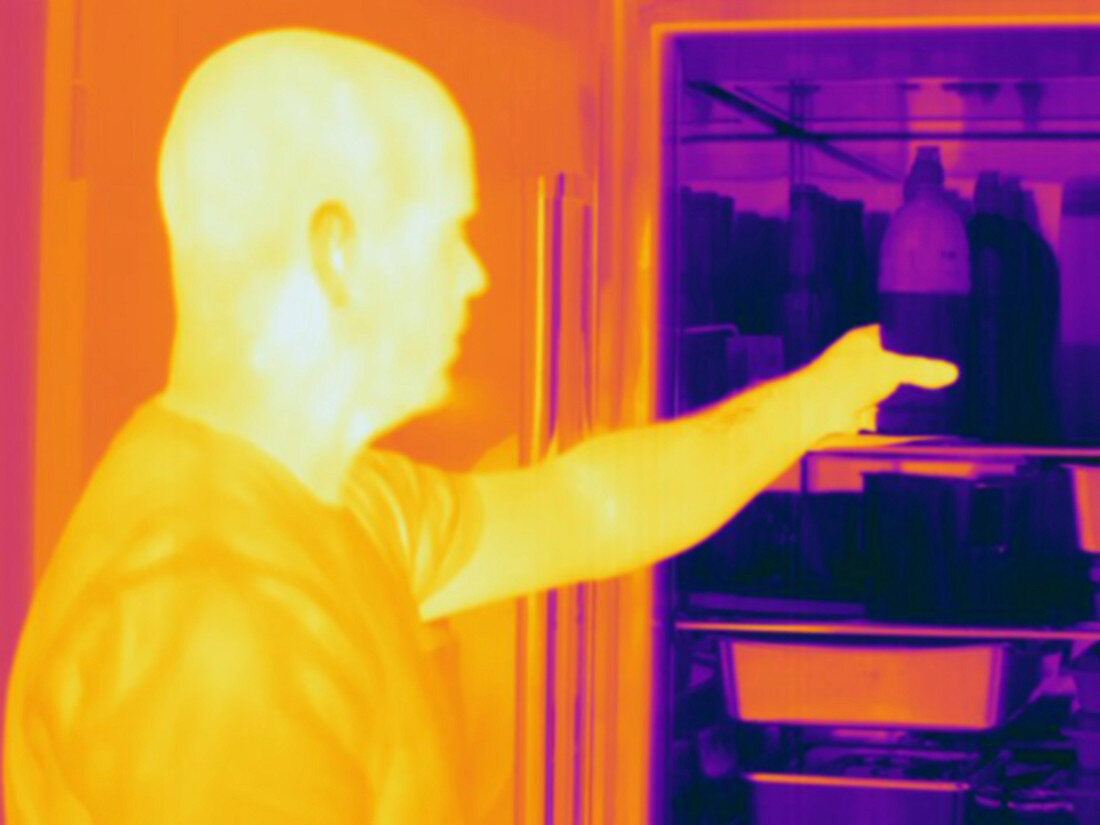 Thermogram male reaches into refrigerator