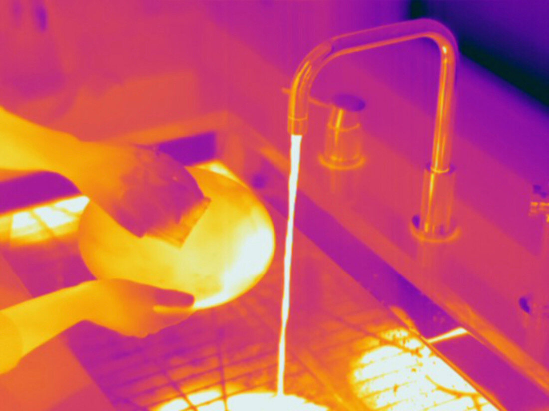 Thermogram washing dishes with hot water