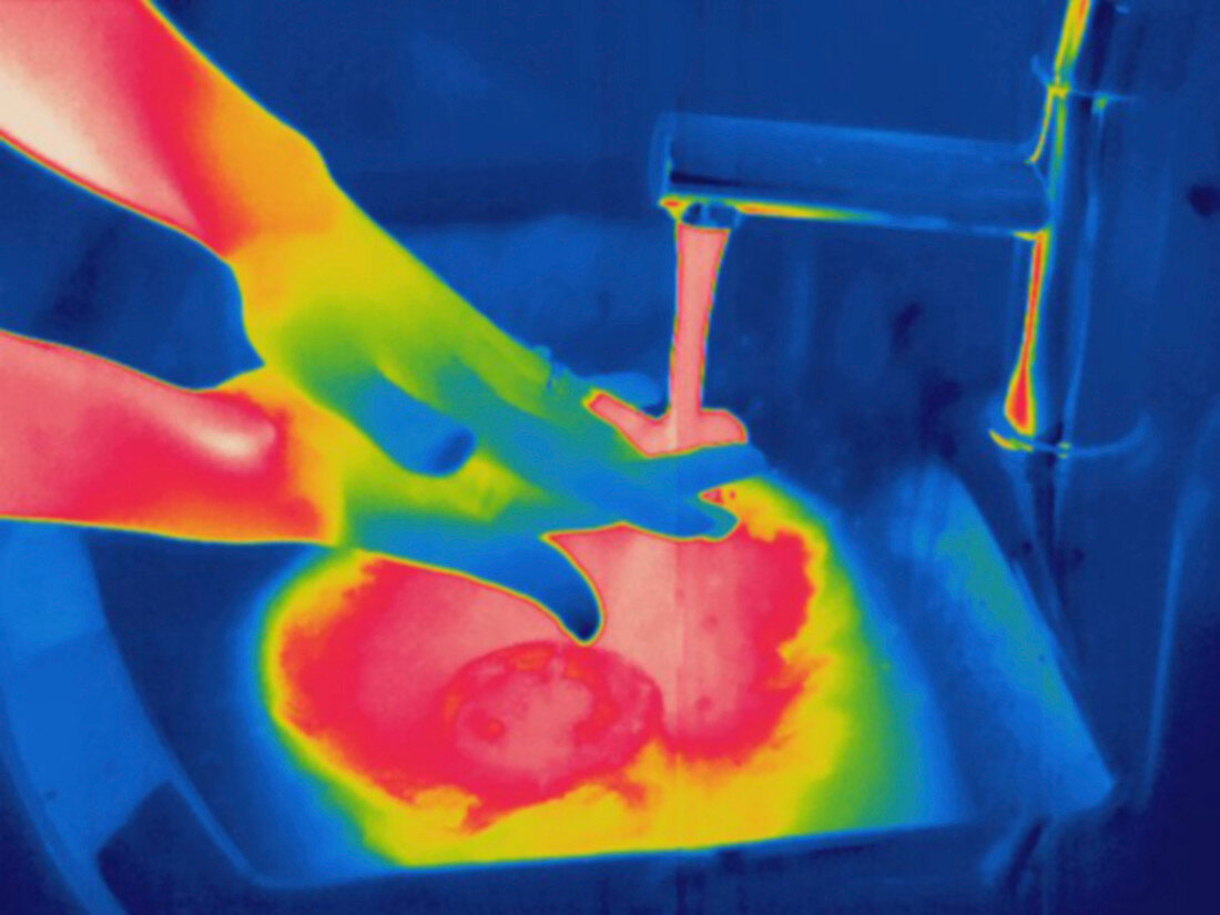 Thermogram,washing hands with hot water