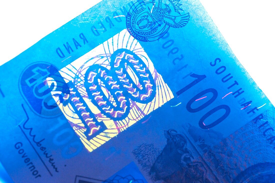 South African banknote in UV light