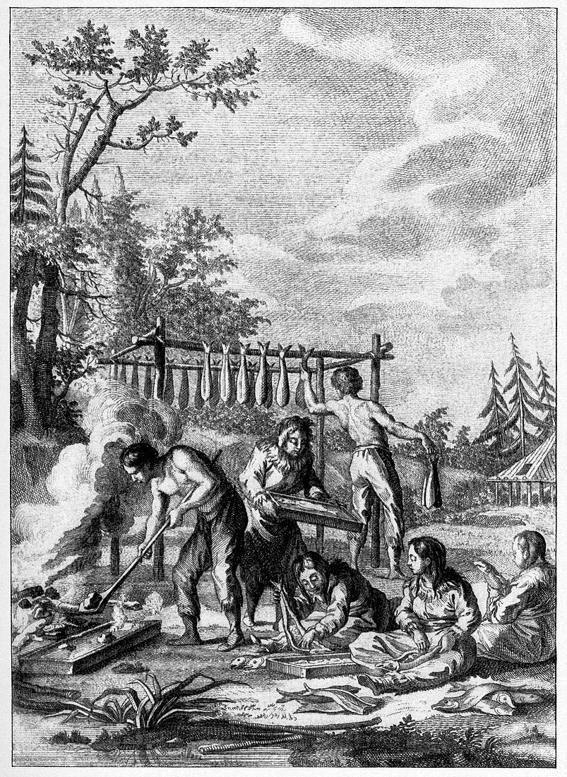 Fish smoking in Kamchatka,18th century