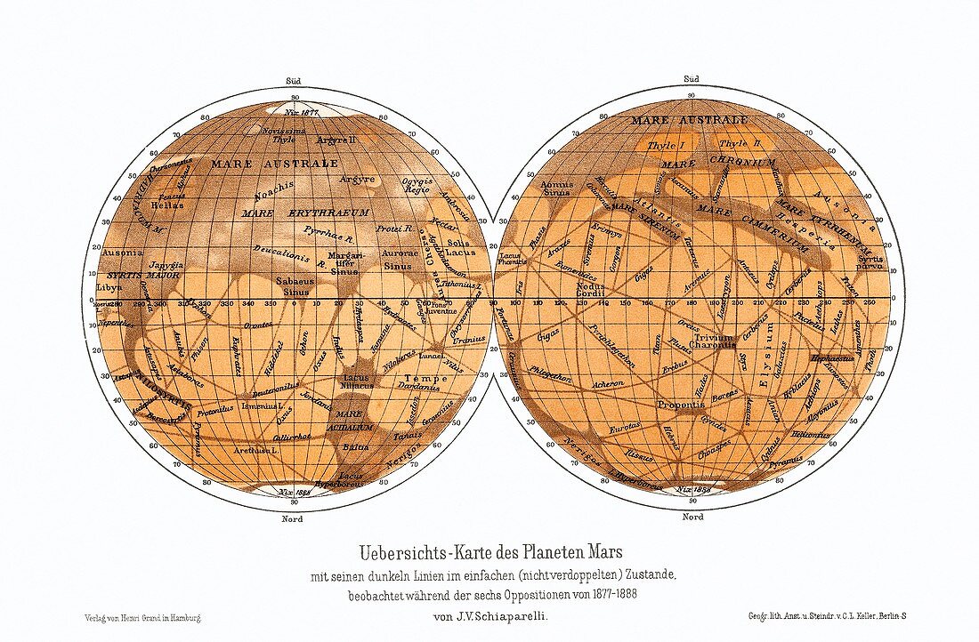 Schiaparelli's map of Mars,1877-1888