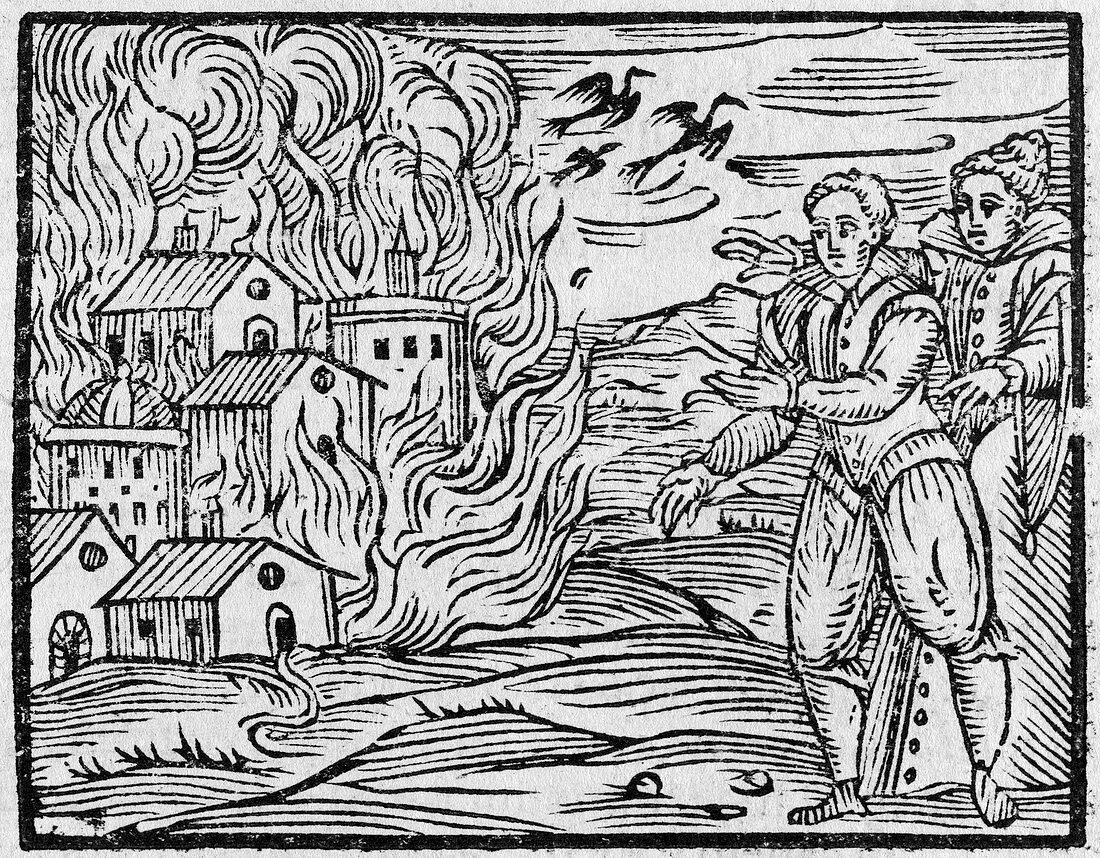 Witches burning a town,17h century