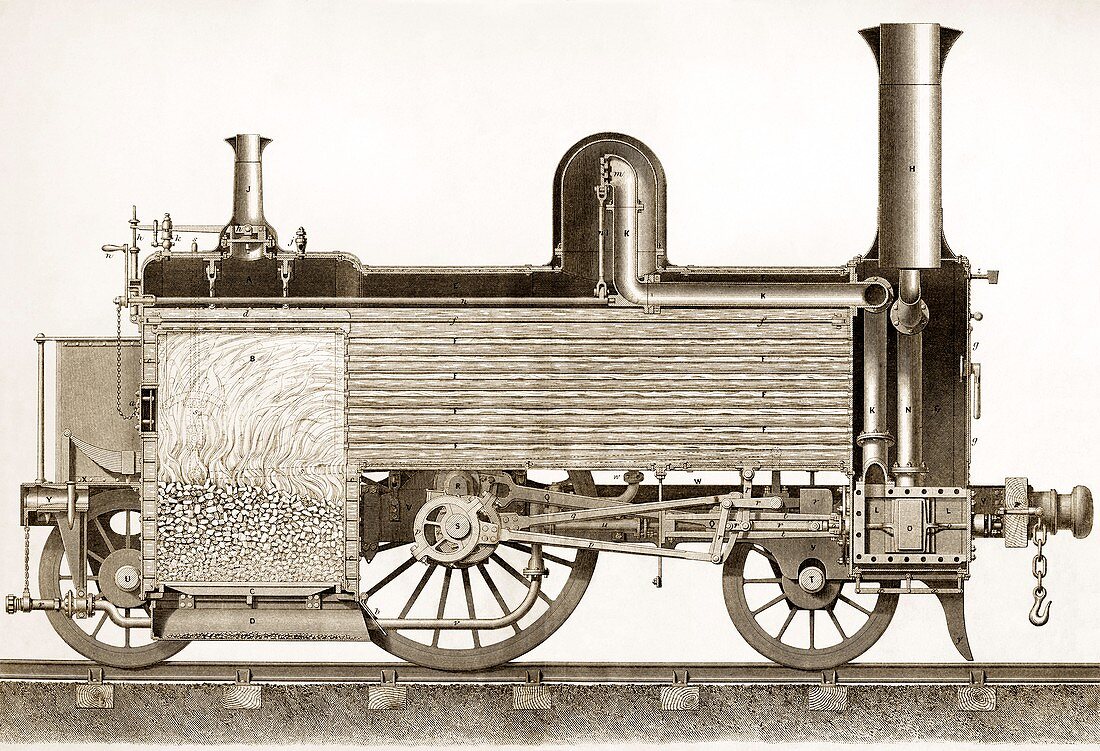 Sectional view of 19thC locomotive