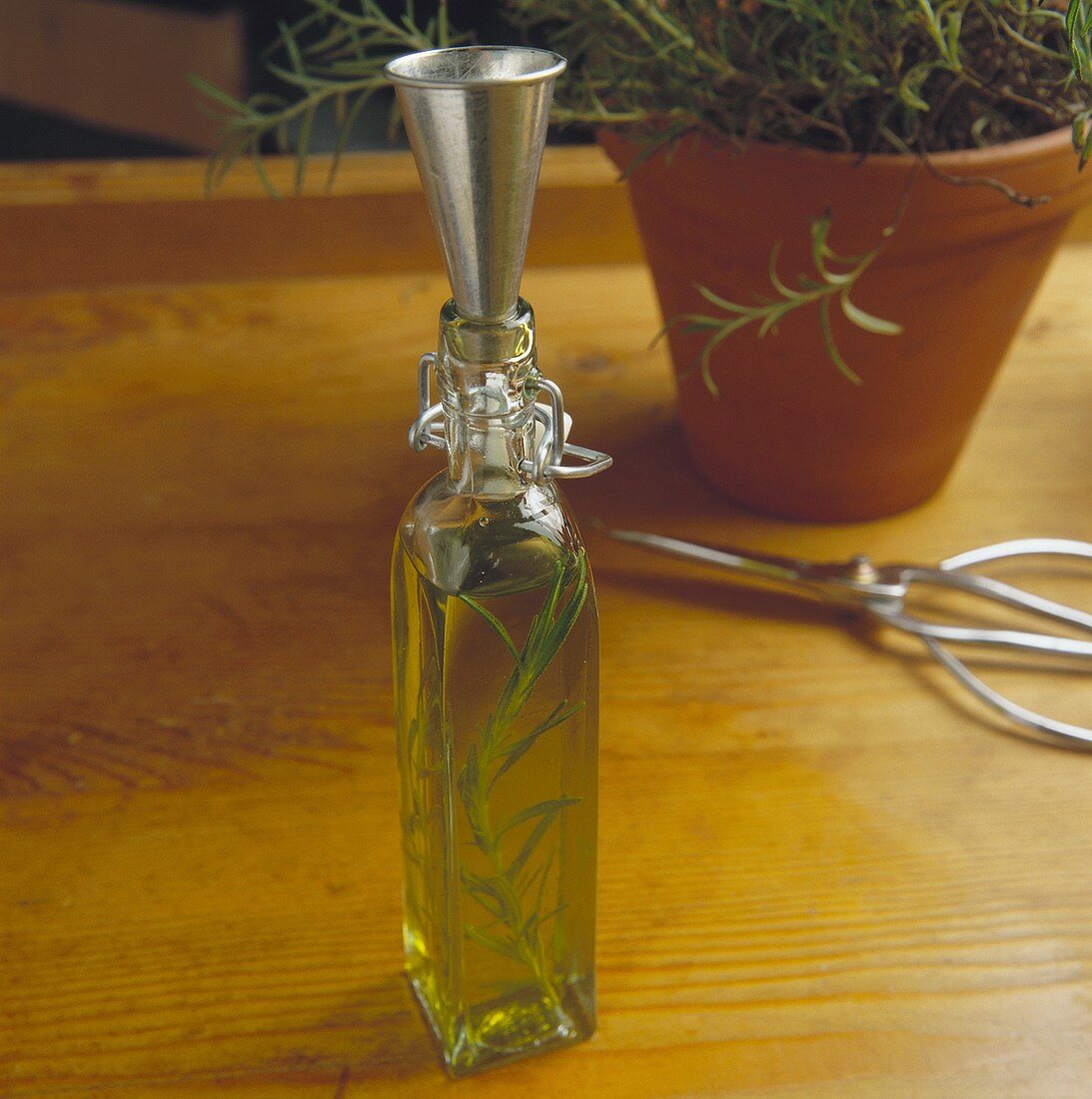 Eine Flasche Olivenöl mit Rosmarin und Rosmarin im Topf
