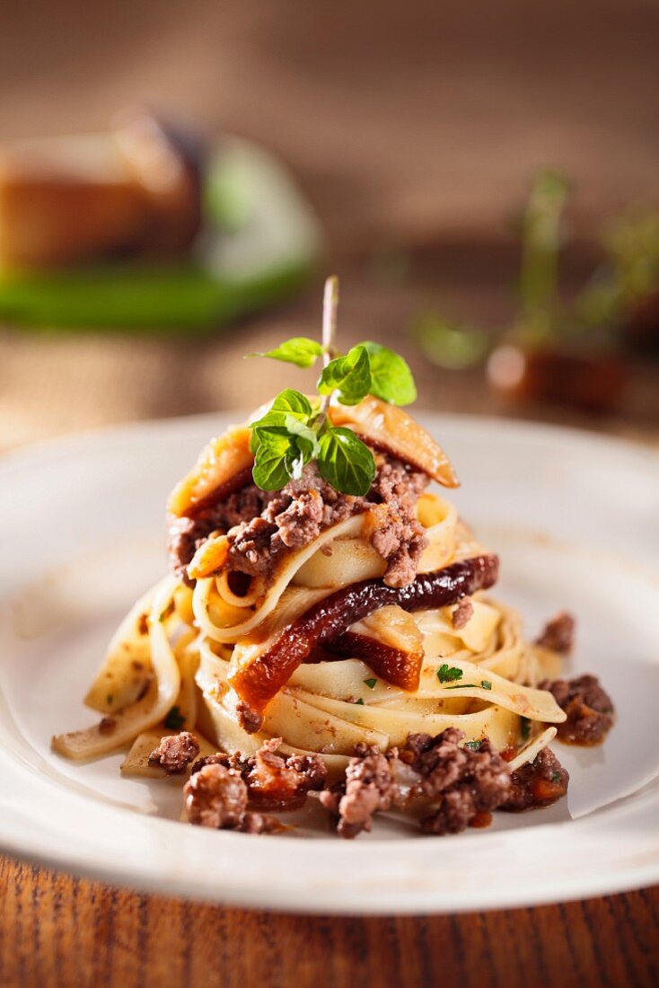 Bandnudeln mit Wildschweinragout und Steinpilzen