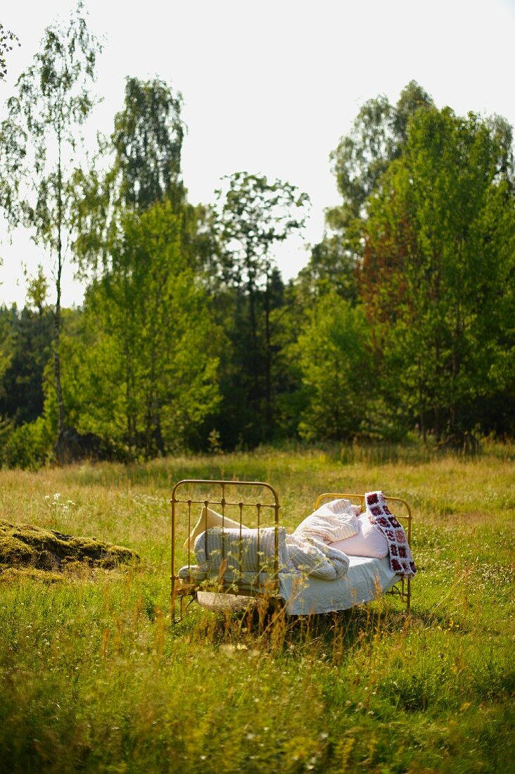 Frühstück im Bett auf der Wiese