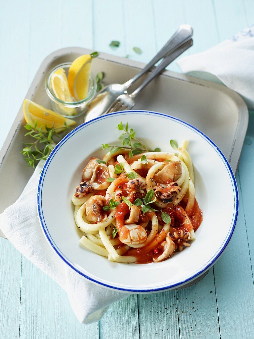 Macaroni with calamari and herbs