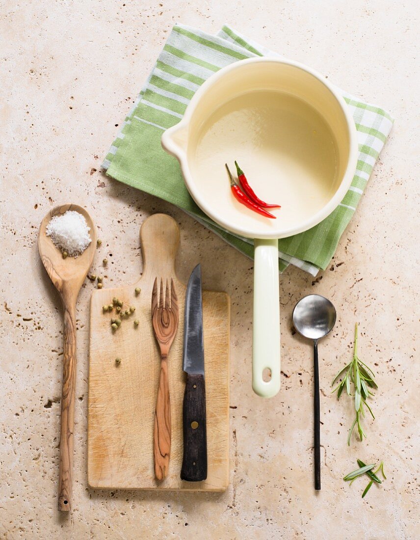 An arrangement of cooking utensils and spices