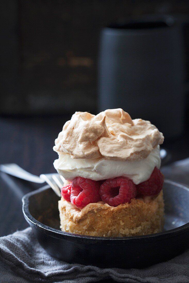 A mini raspberry cake topped with meringue