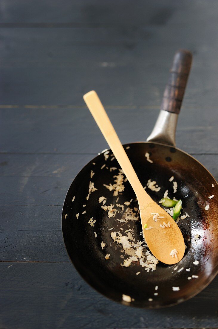 The remains of a rice dish in a wok