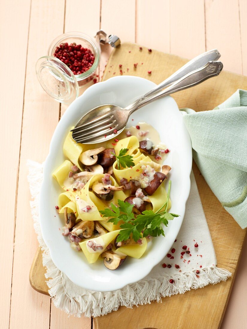 Pappardelle with a mushroom sauce and pink pepper