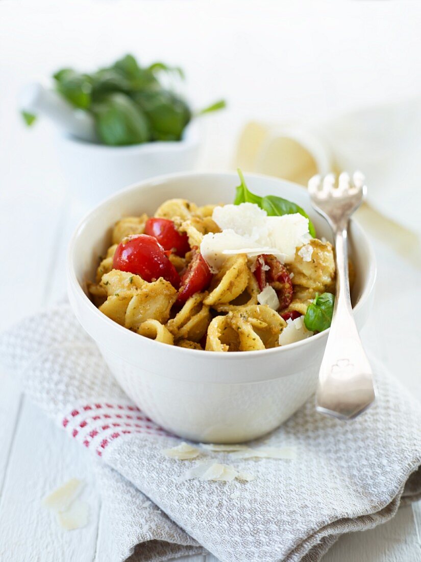 Orecchiette with basil and almond pesto