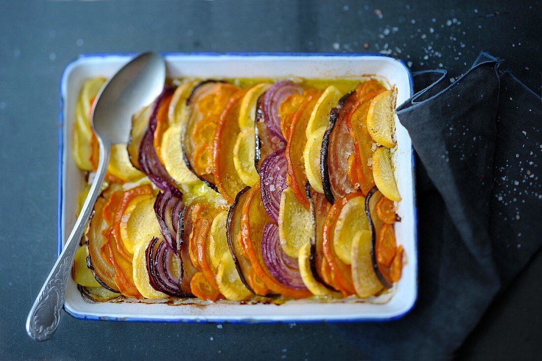 Winter vegetable bake in a baking dish