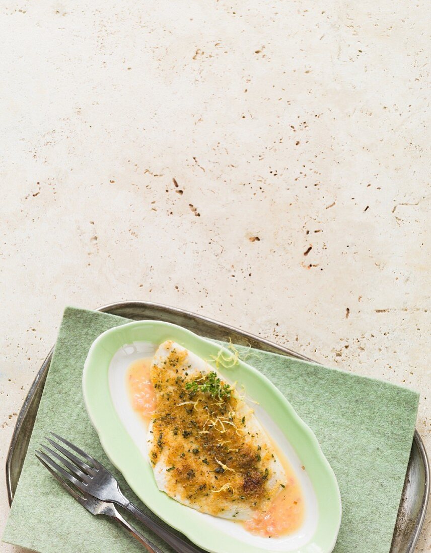 Gratinated plaice fillet with herb crumbs