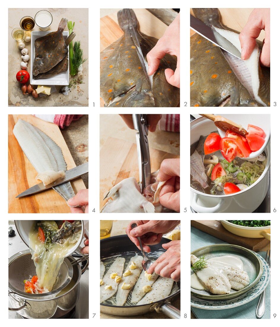 Poached plaice fillets in a white wine sauce being made