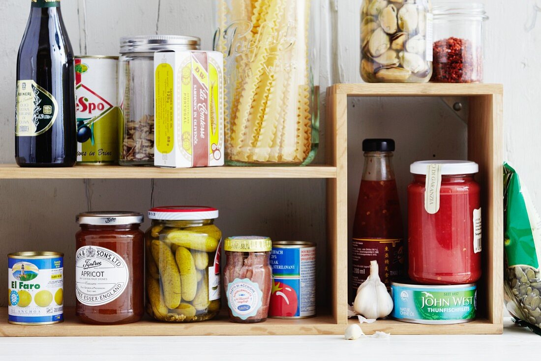 Various groceries on shelves