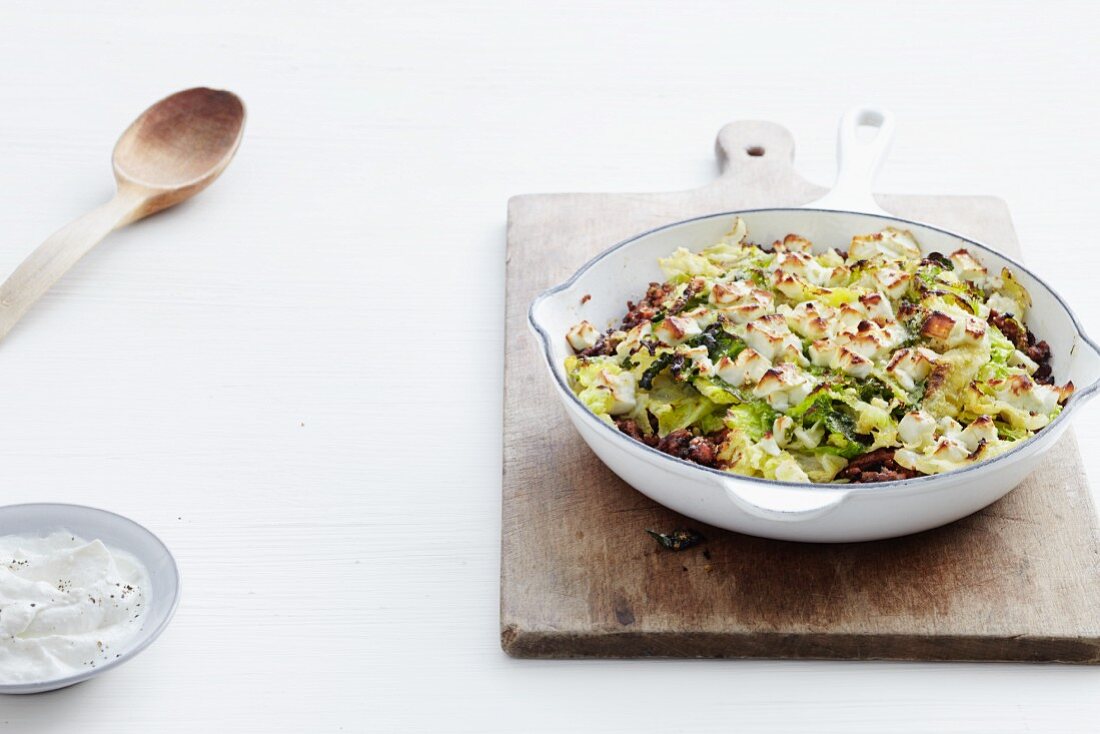 Savoy cabbage bake with minced meat and feta cheese