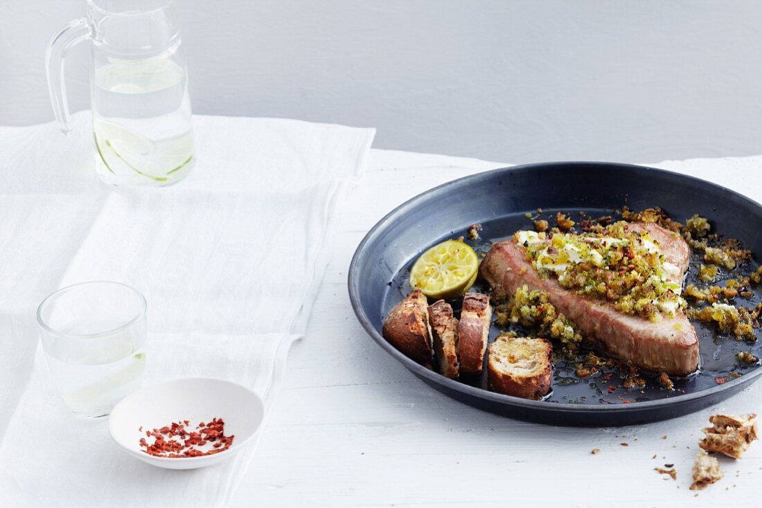 Lime tuna with feta cheese and a herb crumb crust