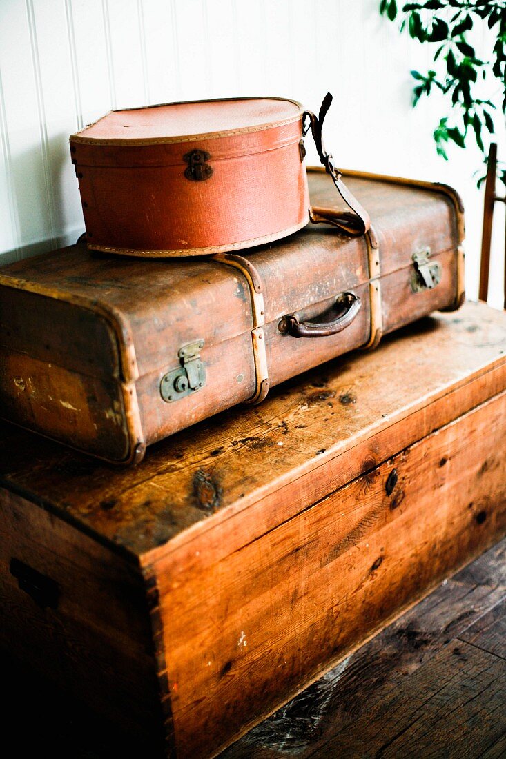 Stack of vintage cases on wooden trunk