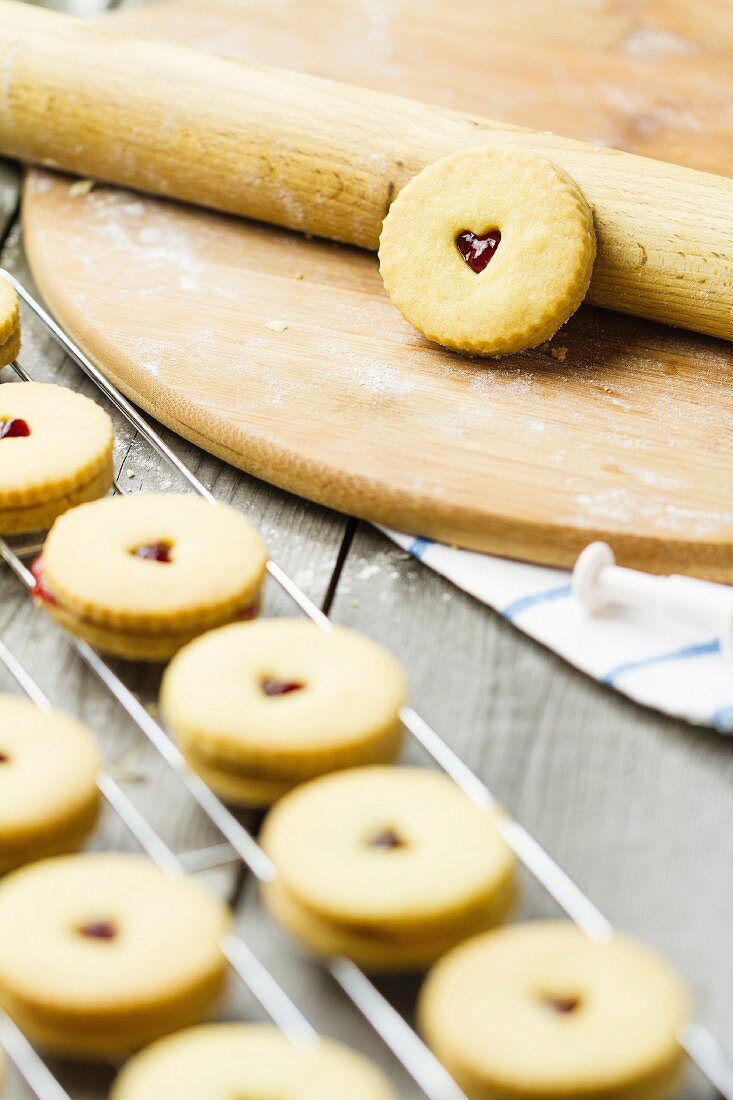 Round raspberry jam butter biscuits