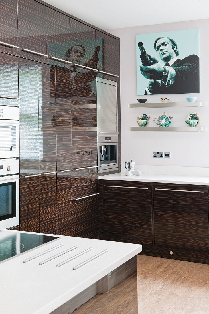 Shiny, fine wood fronts with a striped effect in a contemporary kitchen