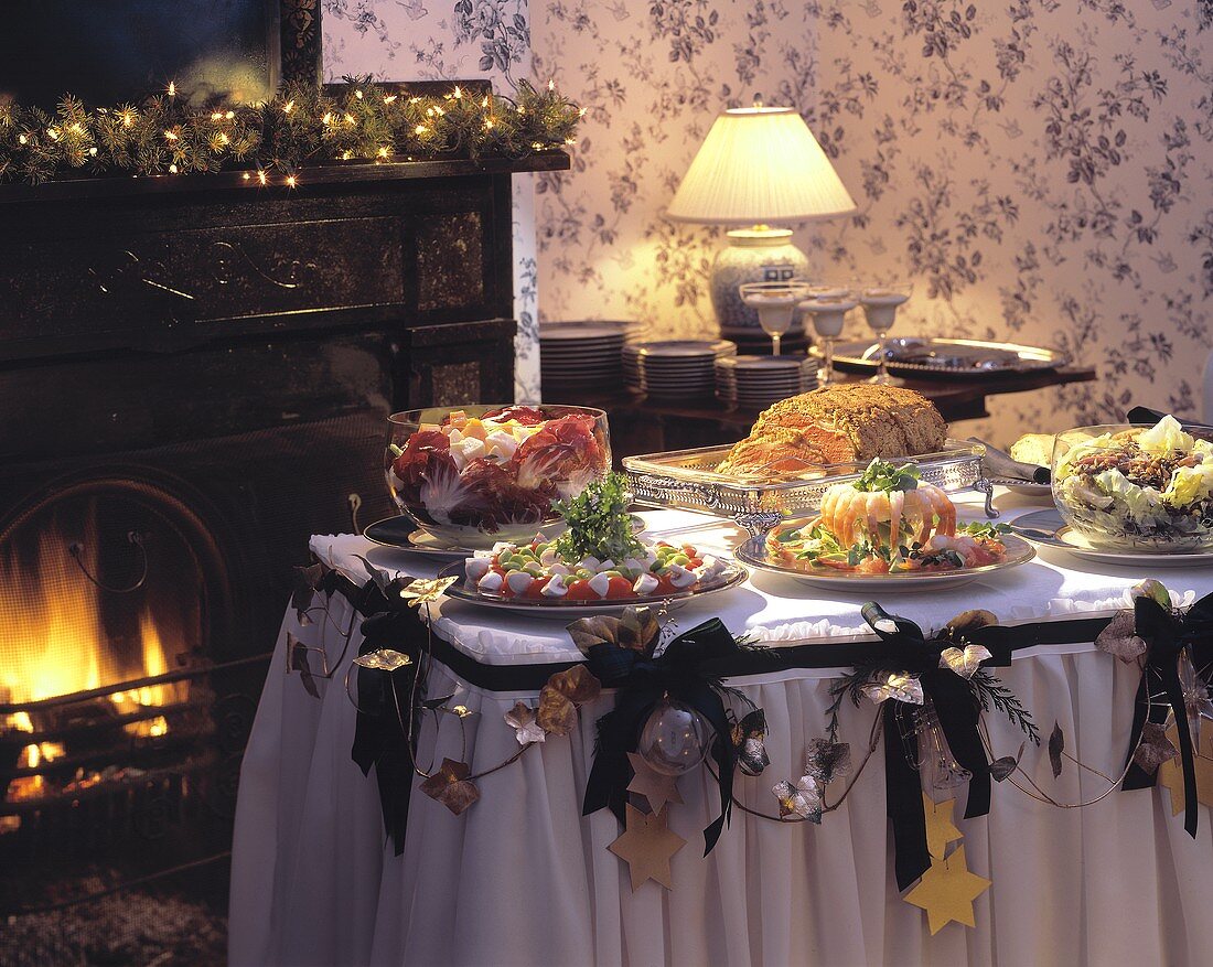 Christmas Table Setting By a Fireplace