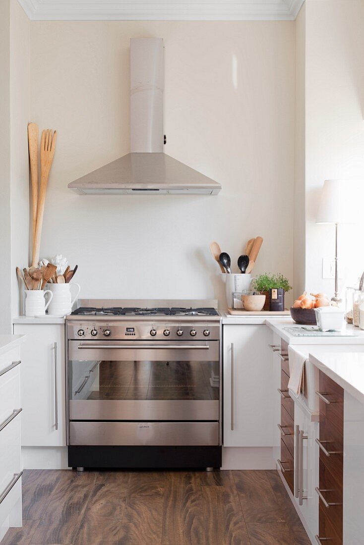 Stainless steel gas cooker and extractor hood in modern kitchen