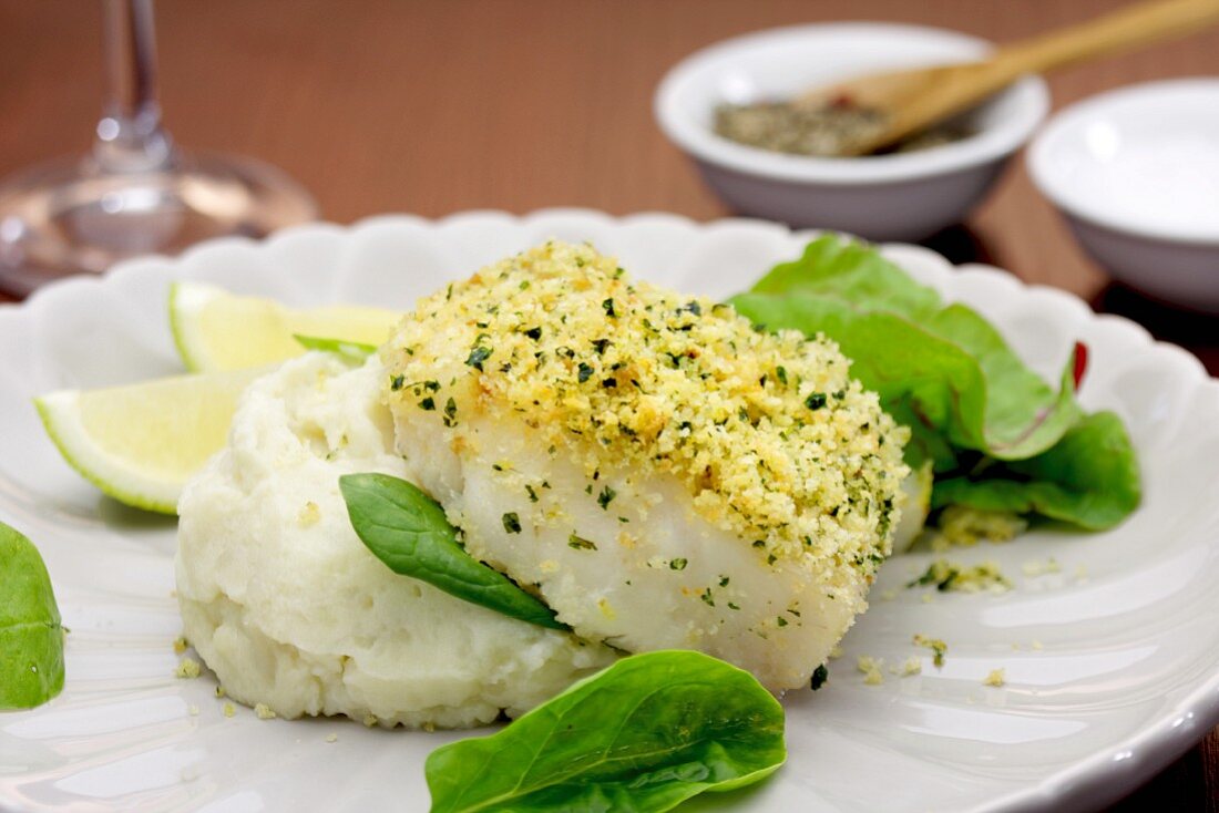 Kingklip fillet (South African cusk eel) with a lemon and herb crust on a bed of celery puree and spinach salad