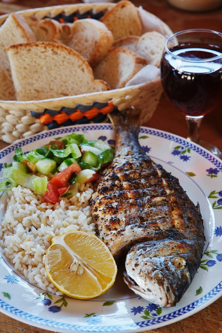 Grilled fish with rice and salad