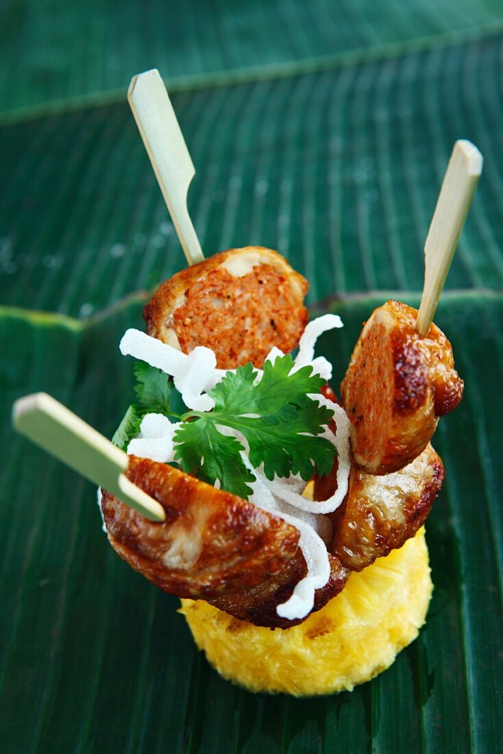 Spicy chicken and sausage skewers