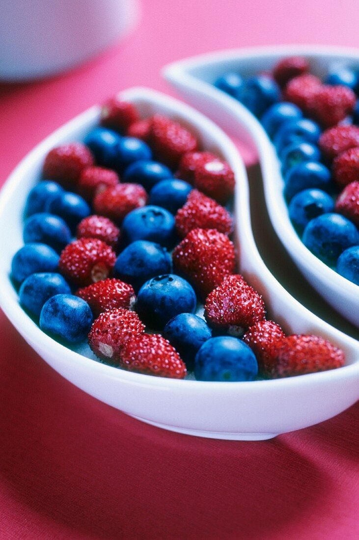 White dishes filled with wild strawberries and blueberries