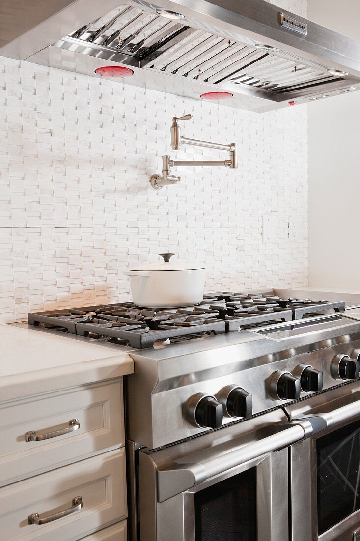 Kitchen with double gas stove below vent hood; Irvine; California; USA