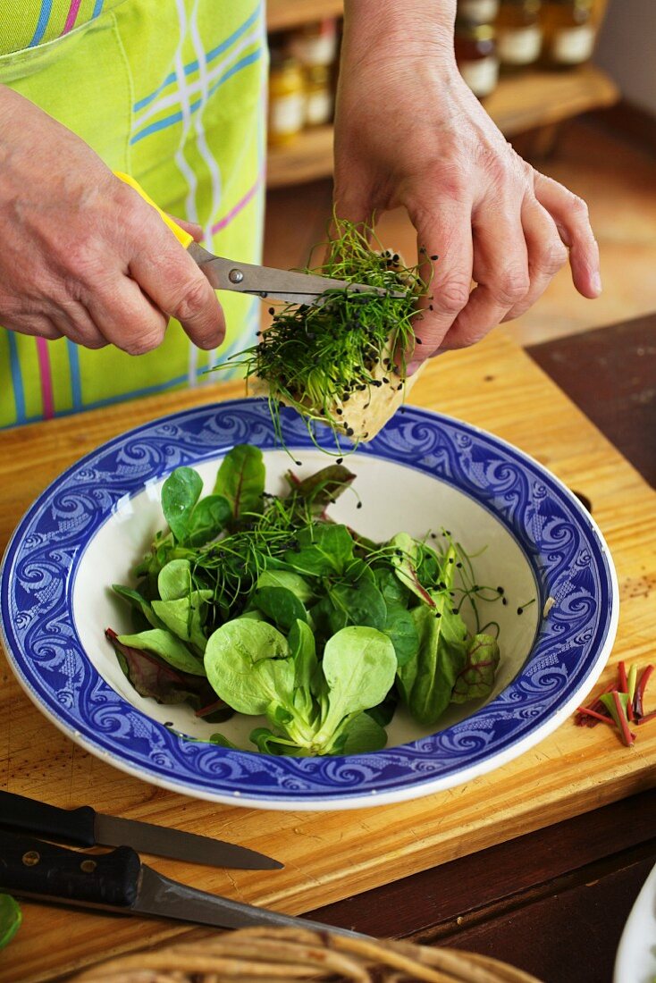 A salad with fresh herbs being made