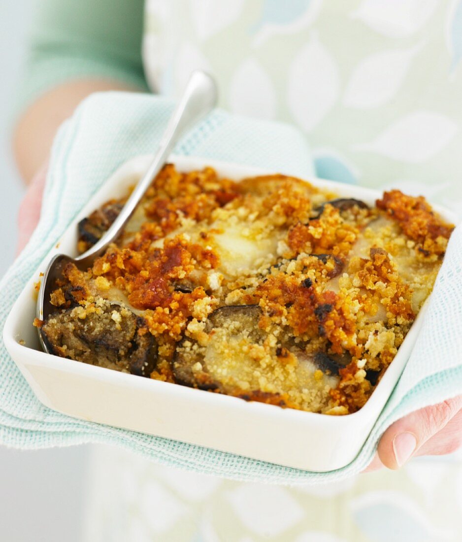 Chicken and aubergine bake with a crumb crust