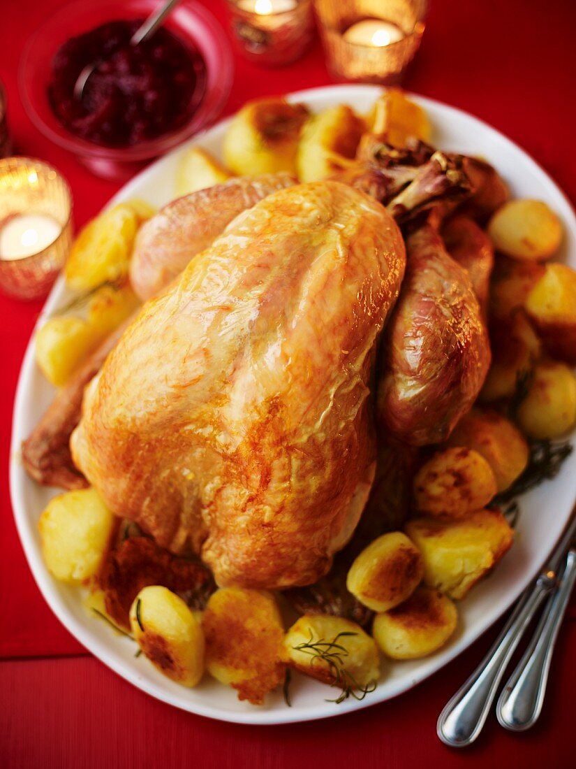 A whole roast turkey with roast potatoes and red cabbage for Christmas