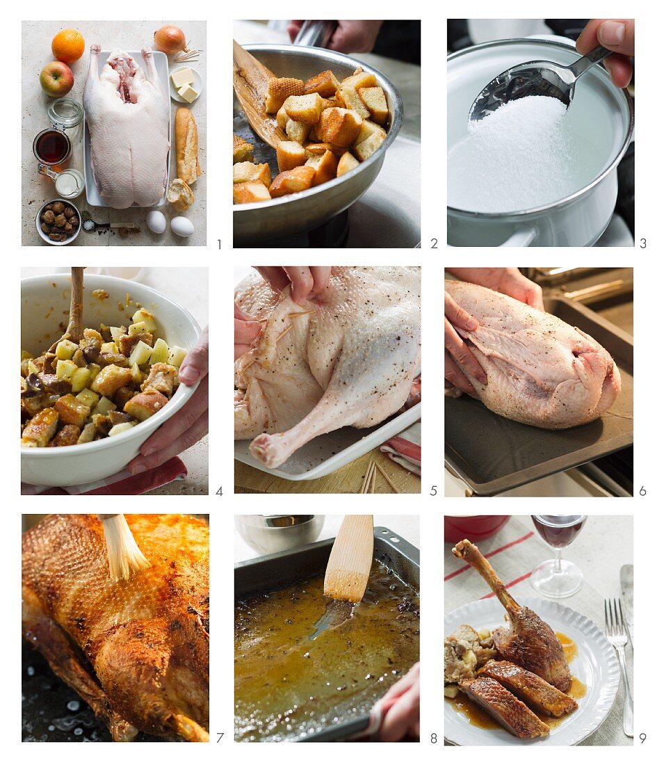 Roast goose with a chestnut stuffing being made