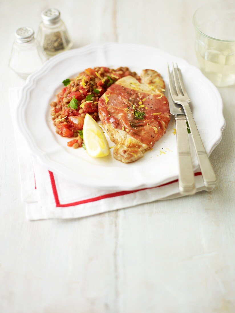 Pork saltimbocca with a lentil medley