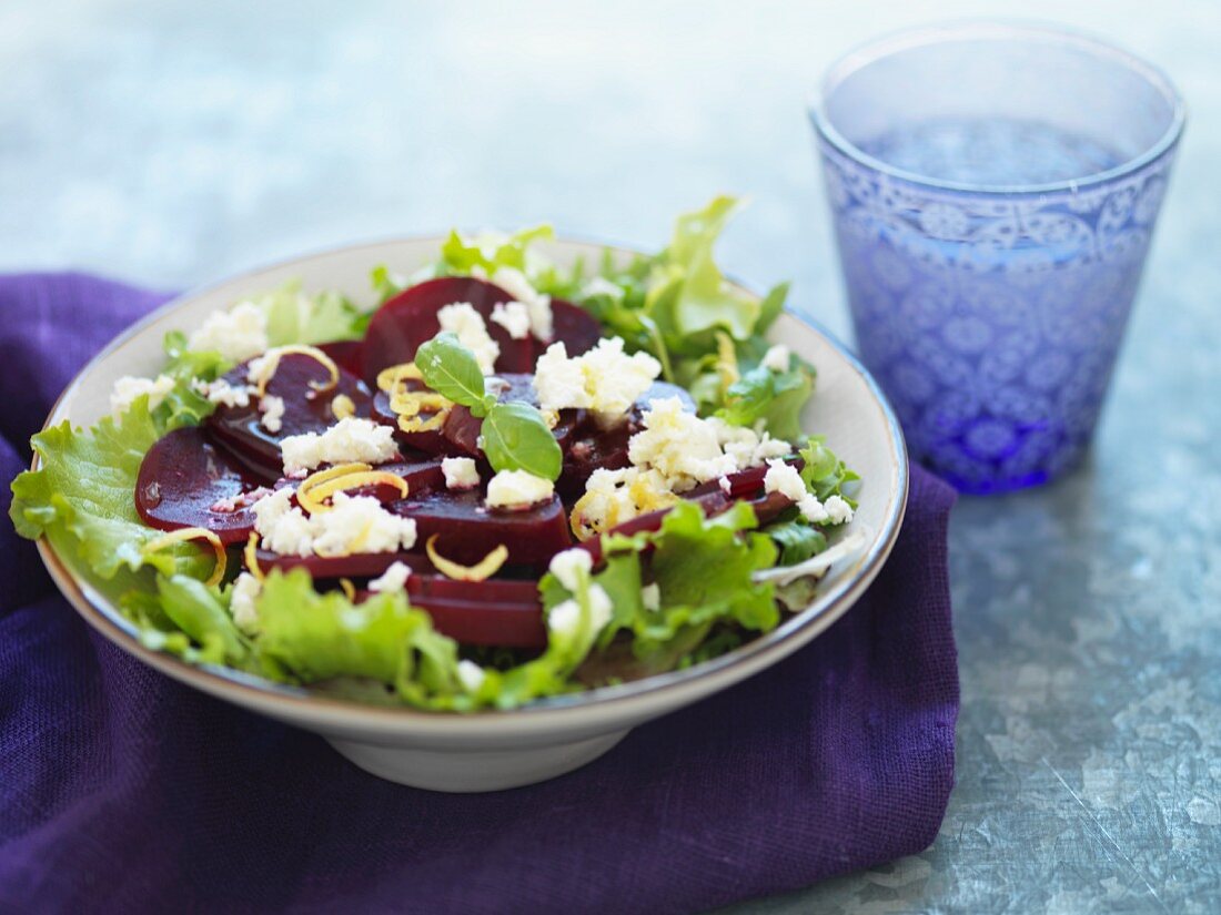Beetroot salad with sheep's cheese and lemon zest