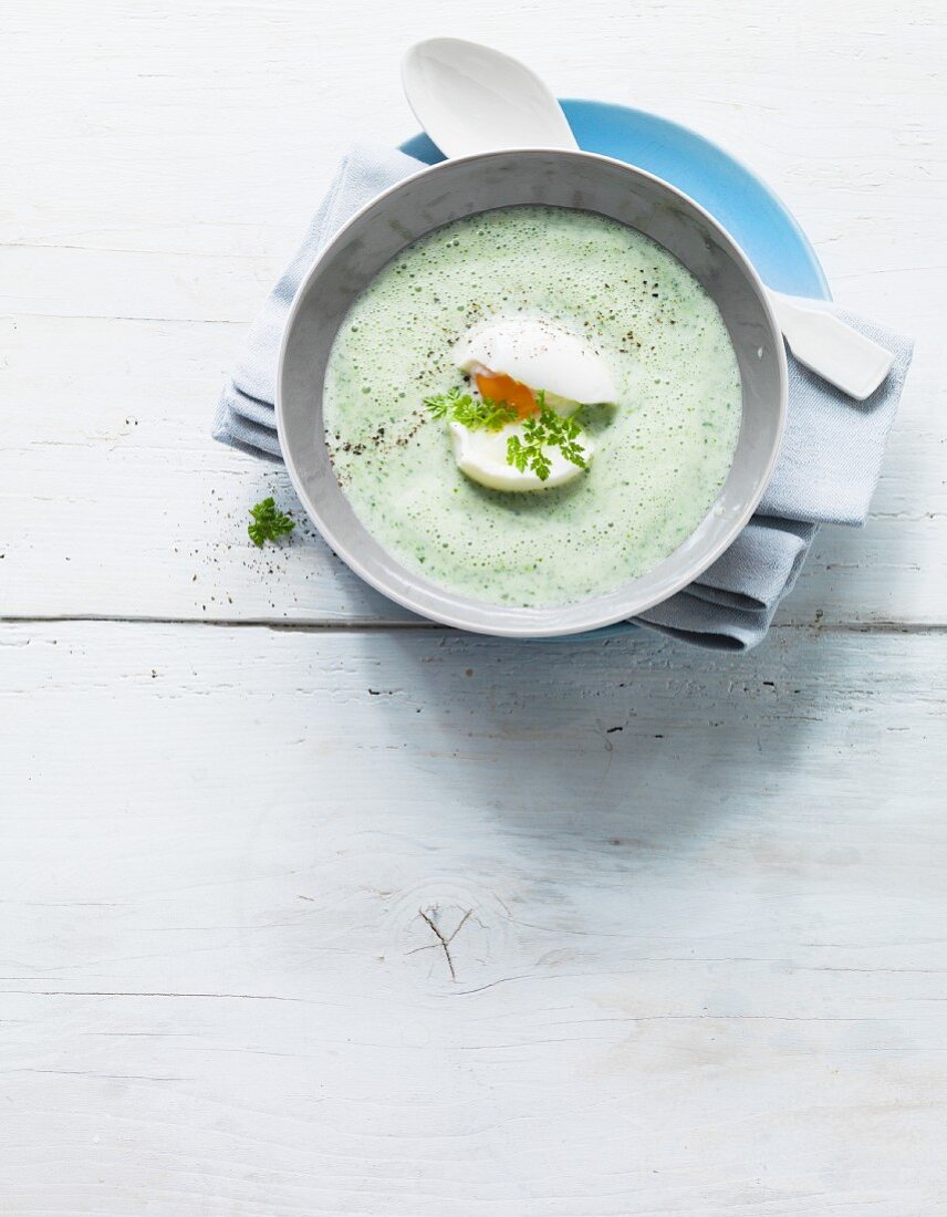 Cream of chervil soup garnished with egg