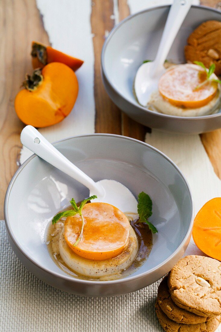 Coconut and persimmon flan with caramel sauce