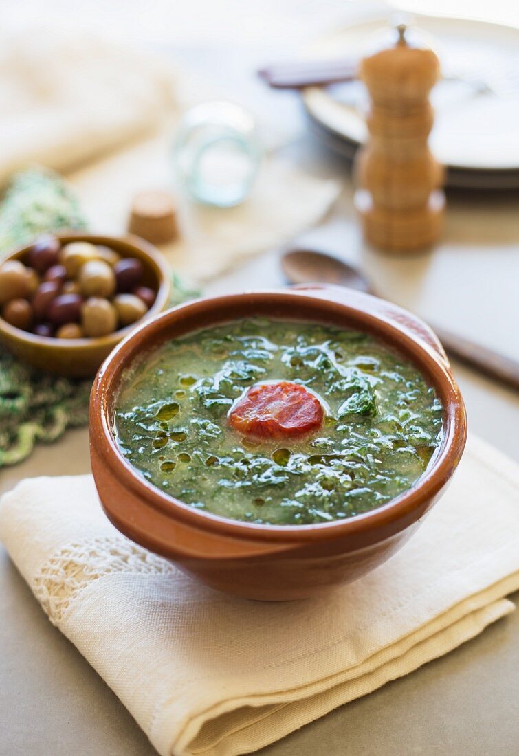 Caldo verde (potato and green kale soup, Portugal) with chorizo