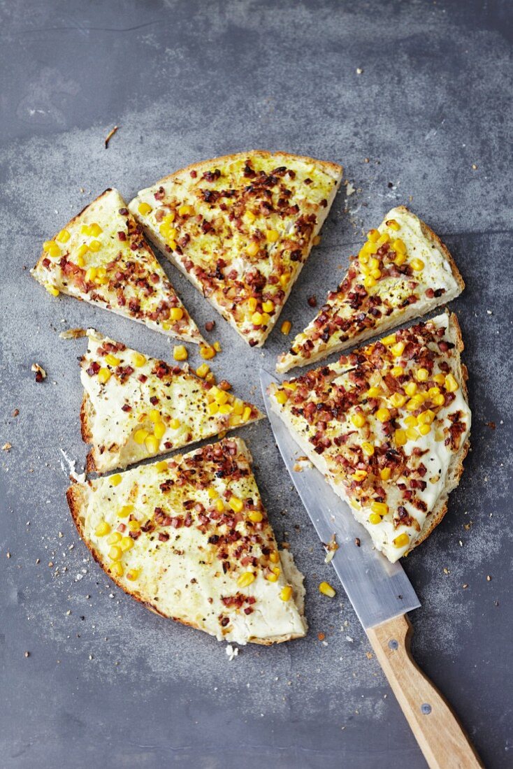 Tarte flambée with bacon and sweetcorn