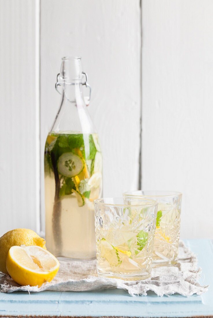Homemade lemonade with cucumber, lemon and mint