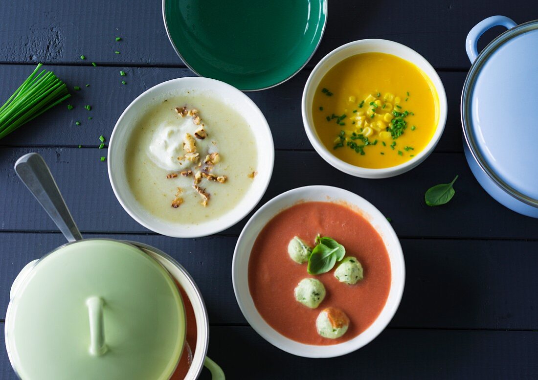 ADHD food: kohlrabi soup, tomato soup and pumpkin soup