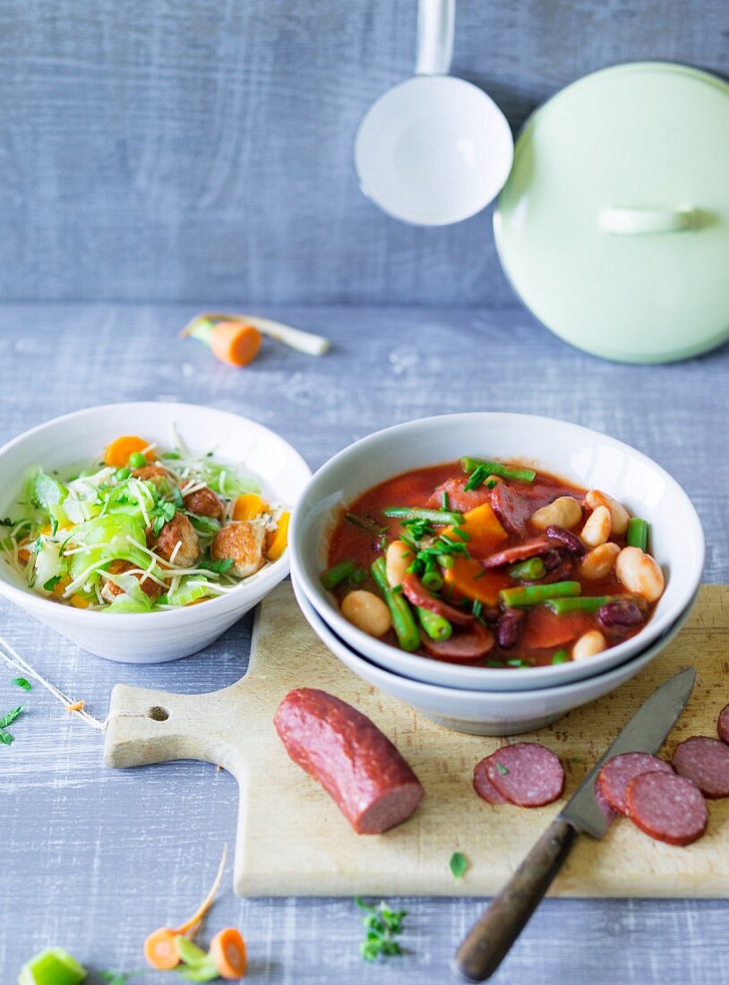 ADHD food: vegetable and pasta stew and a bean stew with cabanossi