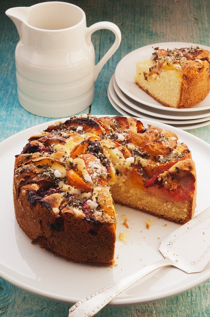 Teacake with stone fruits, mint and ginger